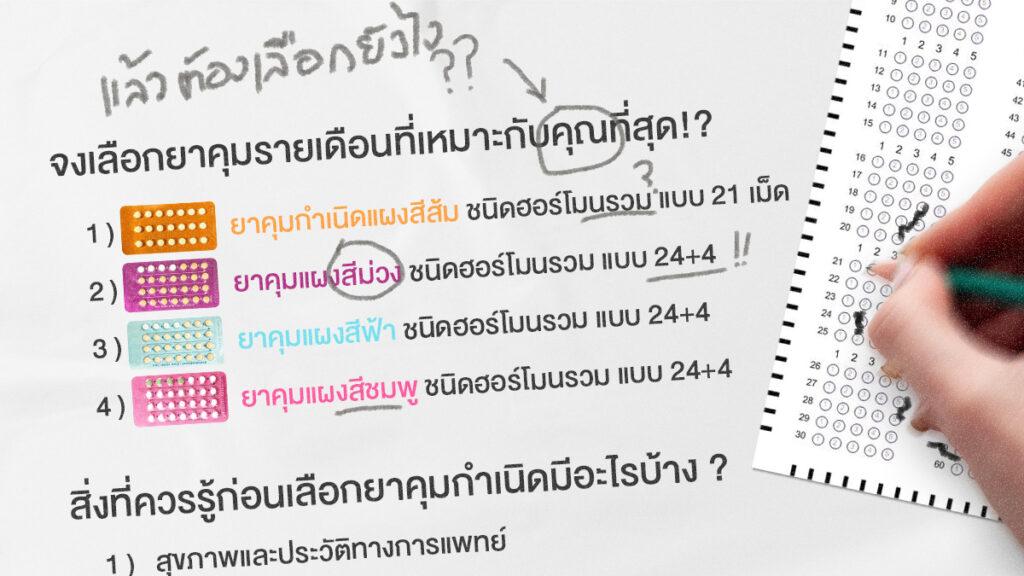 รูปจกเลือกยาคุมรายเดือนที่เหมาะกับคุณที่สุด 1.ยาคุมกำเนินแผงสีส้ม ชนิดฮอร์โมนรวม แบบ 21 เม็ด
2.ยาคุมแผงสีม่วง ชนิดฮอร์โมนรวม แบบ 24+4
3.ยาคุมแผงสีฟ้า ชนิดฮอร์โมนรวมแบบ 24+4
4.ยาคุมแผงสีชมพู ชนิดฮอร์โมนรวม แบบ 24+4